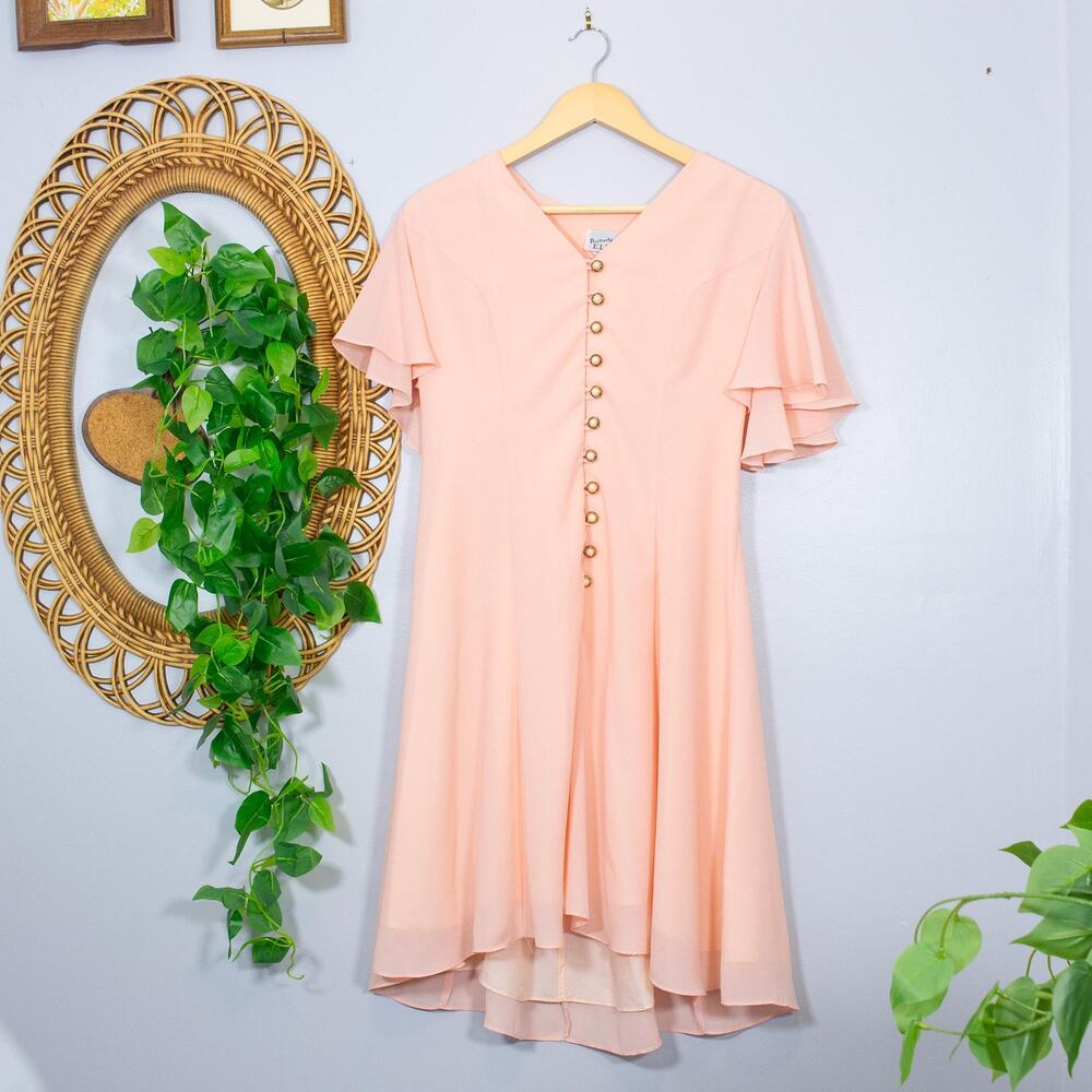 Peach Flutter Sleeve Button Front Midi Dress Romantic 80s Vtg | Light Spring